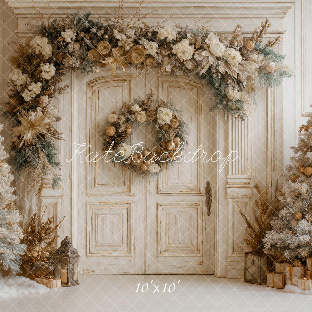 Kate Christmas Boho Gold White Trees Floral Door Backdrop Designed by Ashley Paul