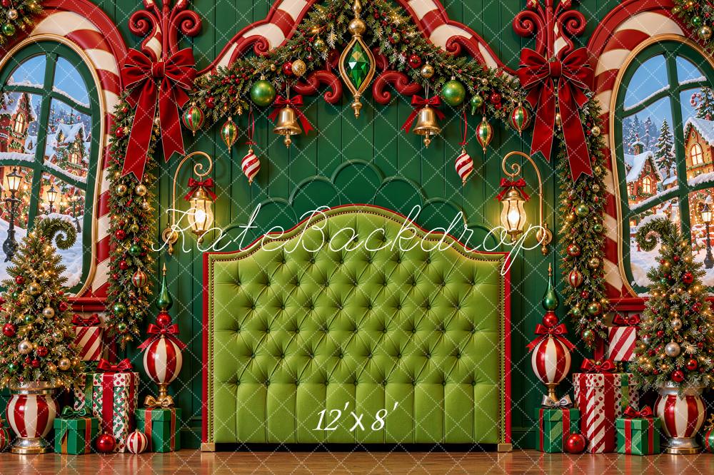 Kate Christmas Headboard Whimsical Green Candy Cane Window Garland Printed Backdrop Designed by Shutter Swan Studios