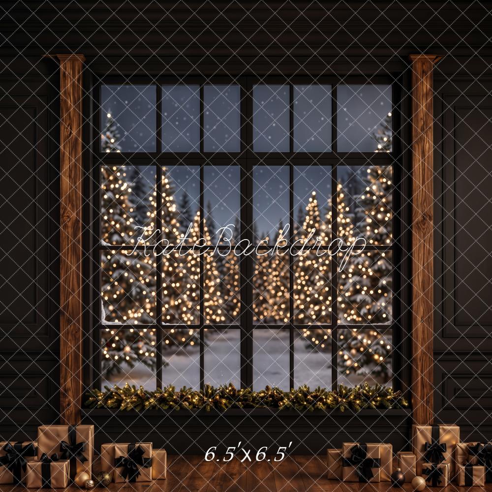 Kate Christmas Window Night Trees Presents Printed Backdrop Designed by Emetselch