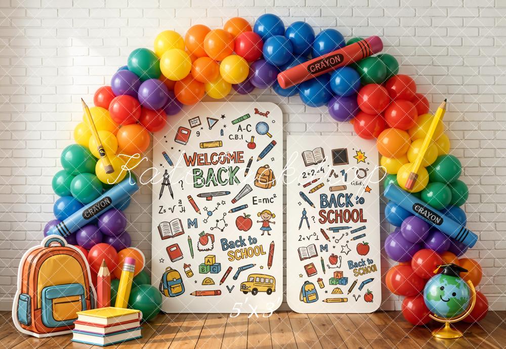 TEST Kate Back to School Rainbow Balloon Arch Crayon Books Backpack Printed Backdrop Designed by Chain Photography
