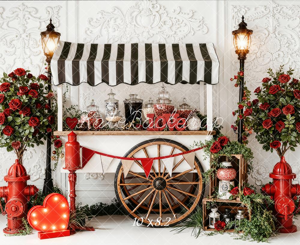 Kate Valentine's Day Candy Cart Red Roses Fire Hydrants Printed Backdrop Designed by Emetselch