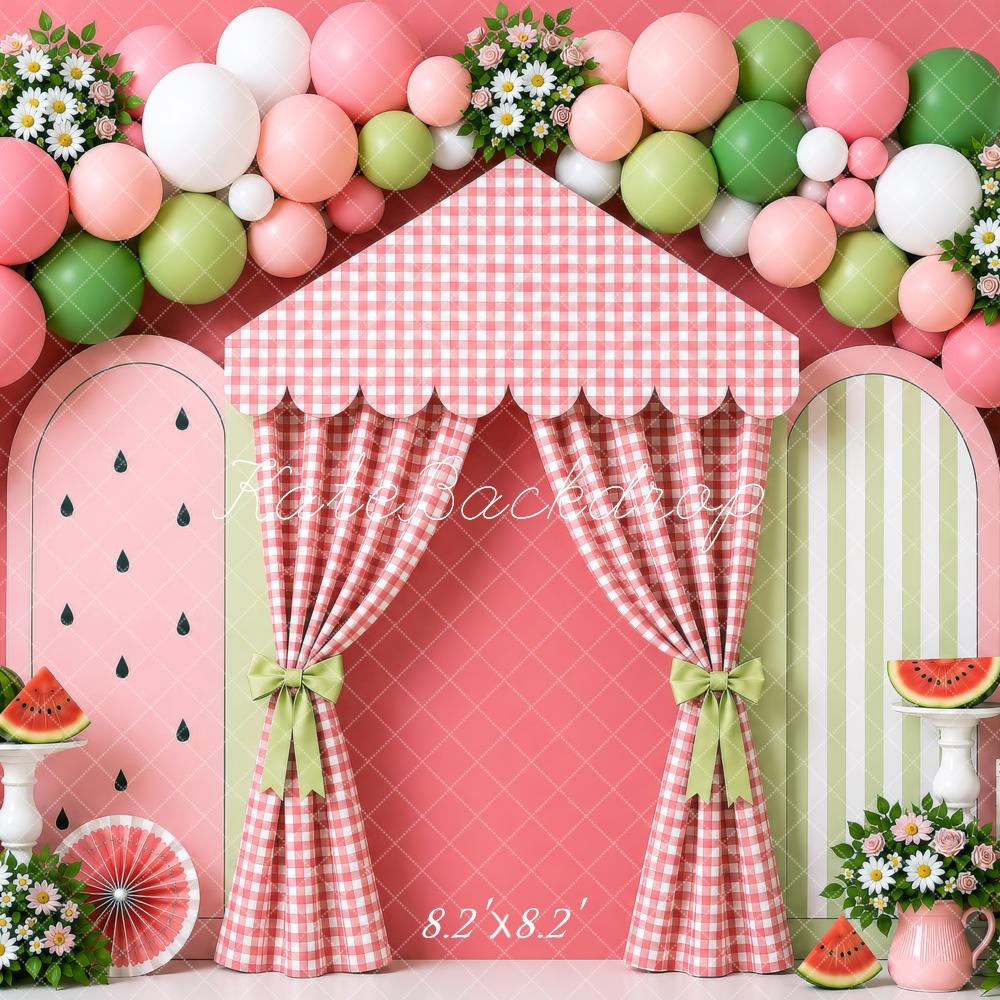 Kate Cake Smash Summer Watermelon Balloon Flowers Gingham Curtain Printed Backdrop Designed by Shutter Swan Studios