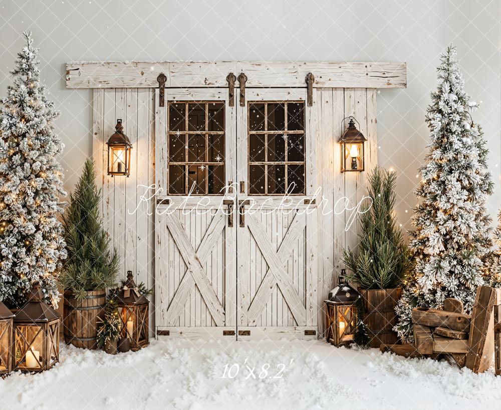 Kate Christmas Barn Door Lanterns Snowy Trees White Backdrop Designed by Emetselch