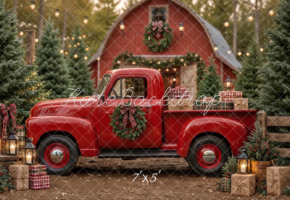 Kate Christmas Red Truck Barn Printed Backdrop Designed by Emetselch