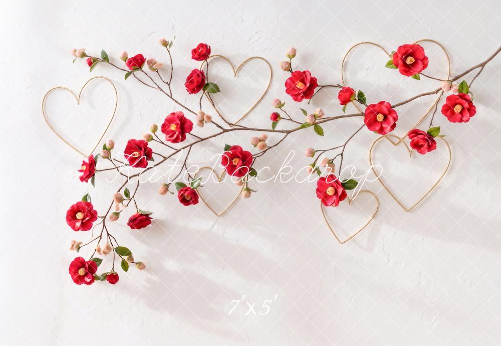 Kate Valentine's Day Red Flower Branch Gold Hearts Printed Backdrop Designed by Angela Miller