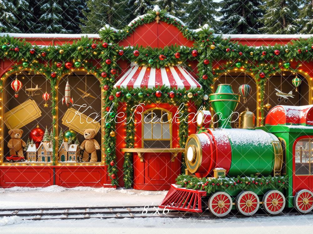 Kate Christmas Polar Train Toy Shop Red Garland Snow Printed Backdrop Designed by Mini MakeBelieve