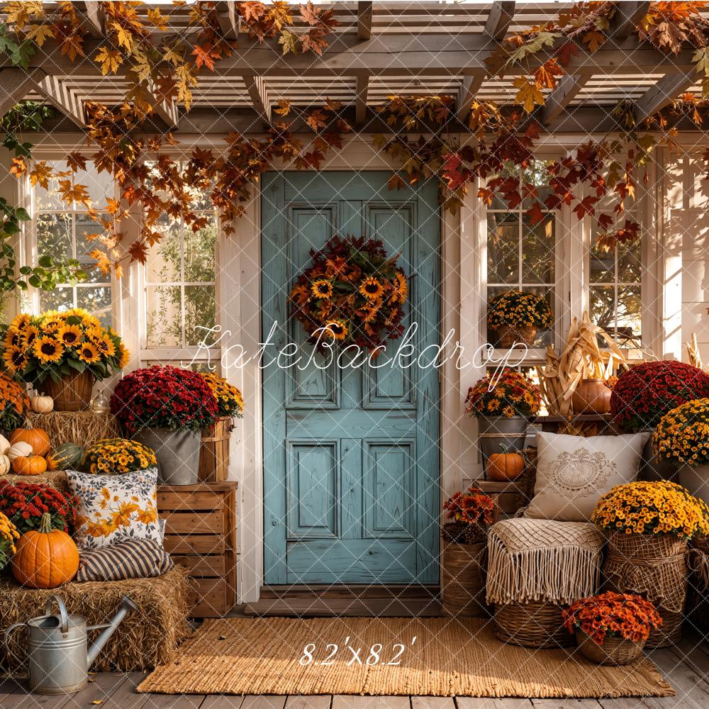 Kate Fall Porch Pumpkins Sunflowers Blue Door Printed Backdrop Designed by Emetselch