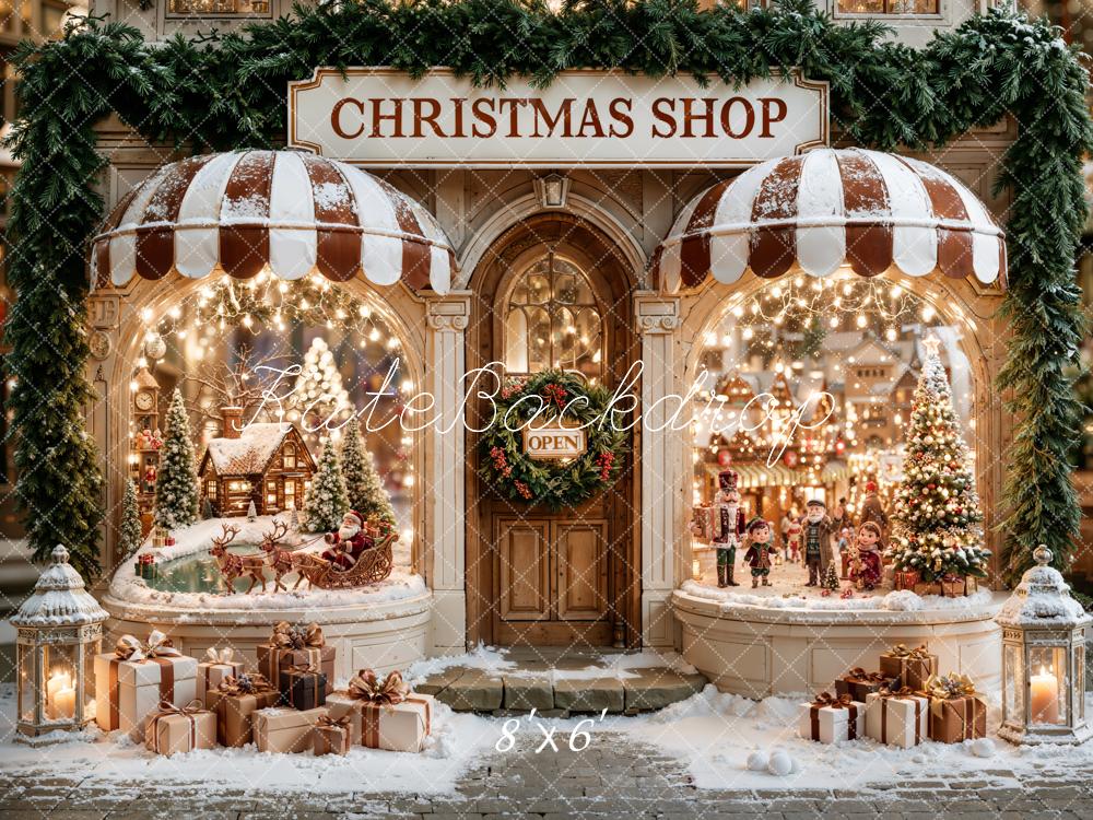 Kate Christmas Shop Santa Sleigh Village Christmas Tree Snow Printed Backdrop Designed by Emetselch