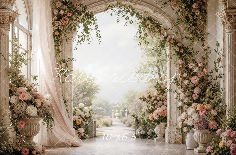 Kate Spring Flower Arch Palace Garden White Curtains Printed Backdrop Designed by Shutter Swan Studios