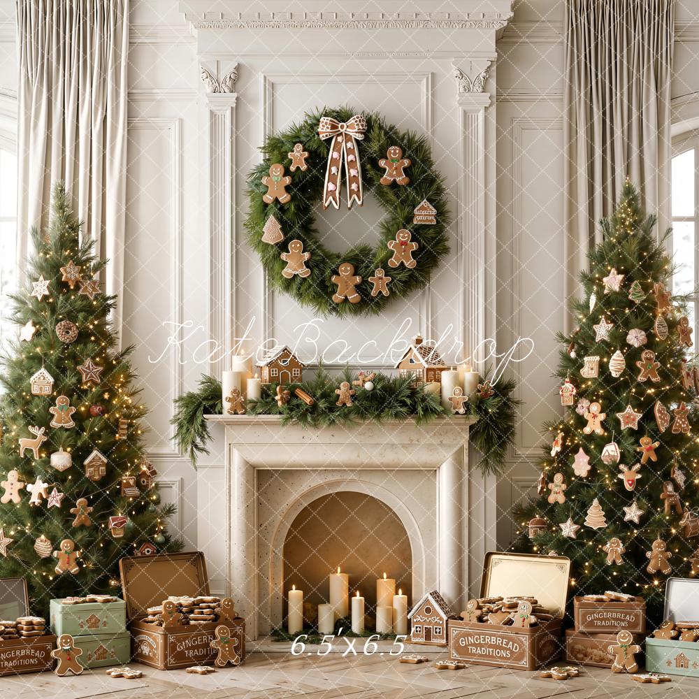 Kate Christmas Gingerbread Trees Wreath Fireplace Gifts Window Printed Backdrop Designed by Emetselch