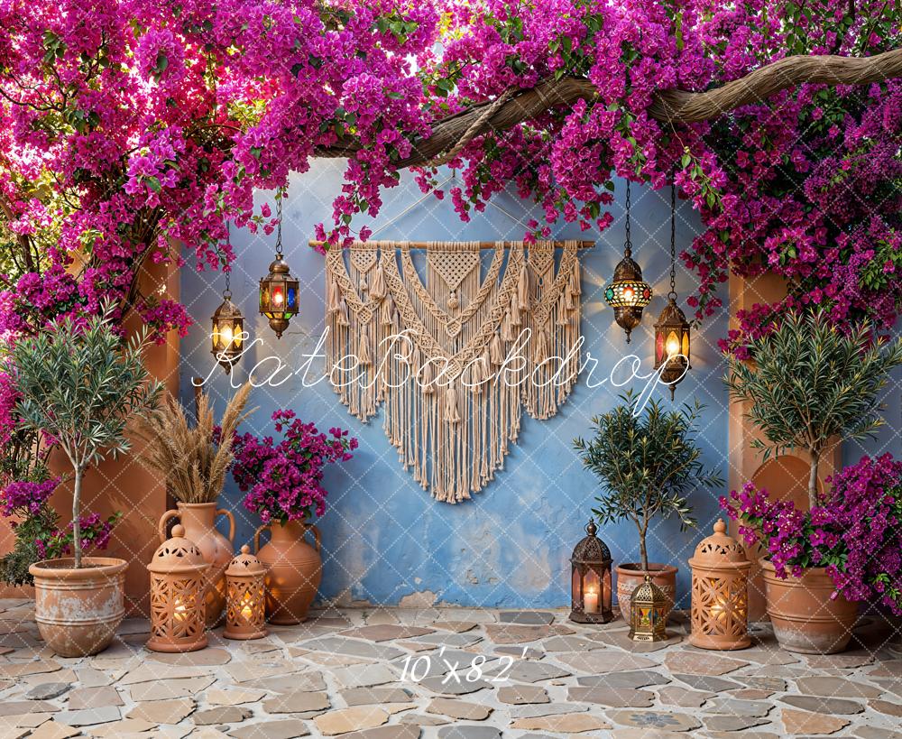 Kate Boho Macrame Pink Flower Arch Lanterns Blue Wall Backdrop Designed by Emetselch