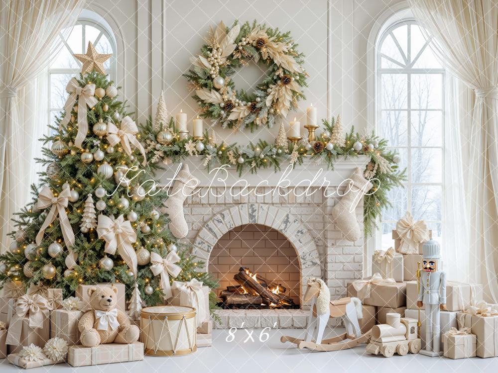 Kate Christmas Fireplace Tree White Bow Wreath Teddy Bear Printed Backdrop Designed by Mini MakeBelieve