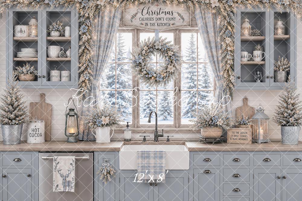 Kate Christmas Blue Kitchen Floral Wreath Snowy Printed Backdrop Designed by Ashley Paul