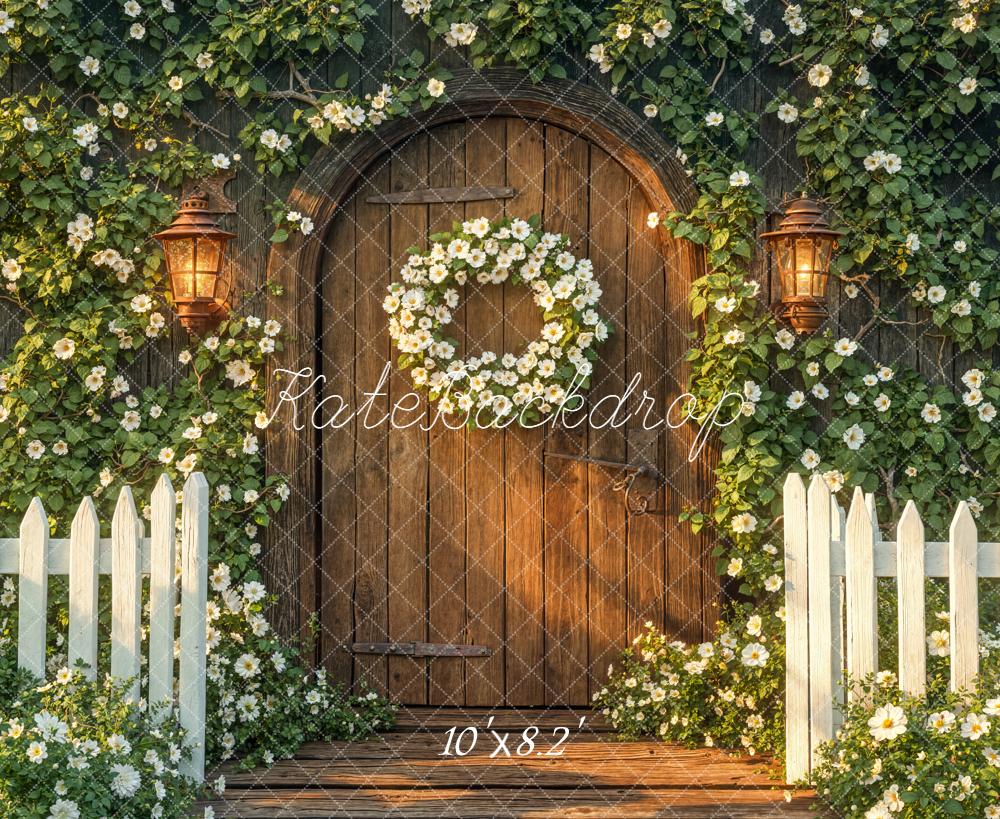 Kate Spring Wooden Door White Floral Wreath Garden Fence Backdrop Designed by Emetselch