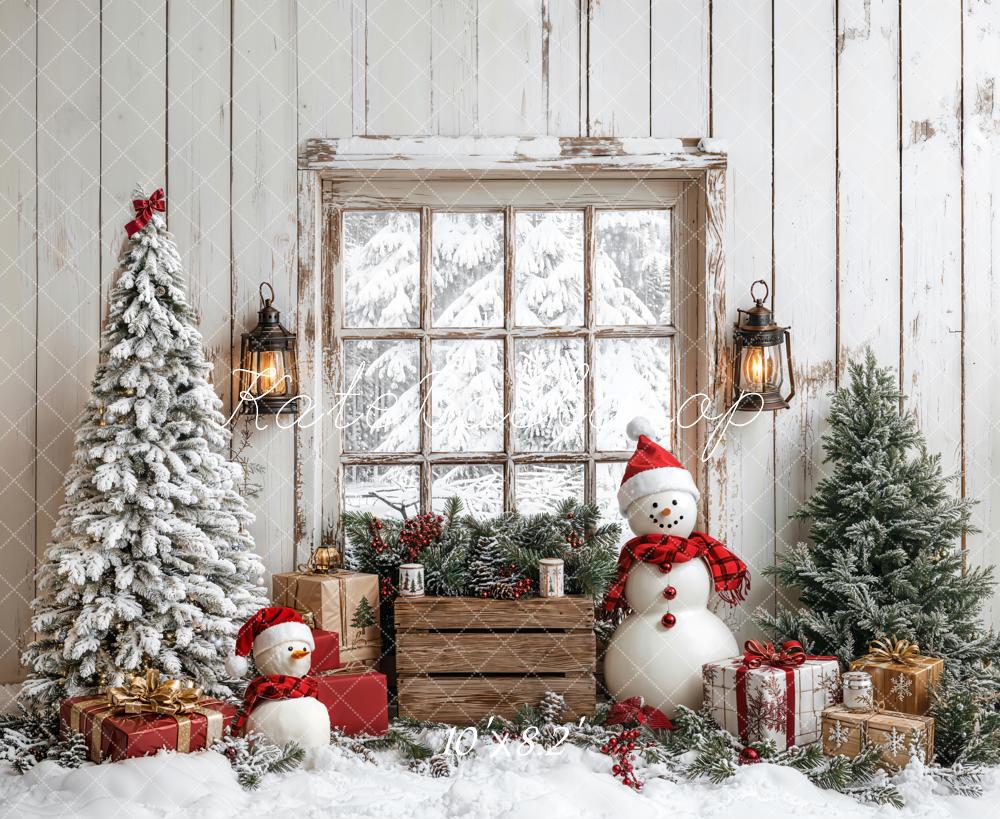Kate Christmas Tree Snowman Window Wood Backdrop Designed by Emetselch