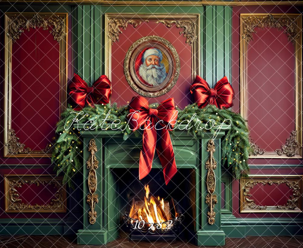 Kate Christmas Retro Green Fireplace Garland Red Bow Backdrop Designed by Mandy Ringe Photography