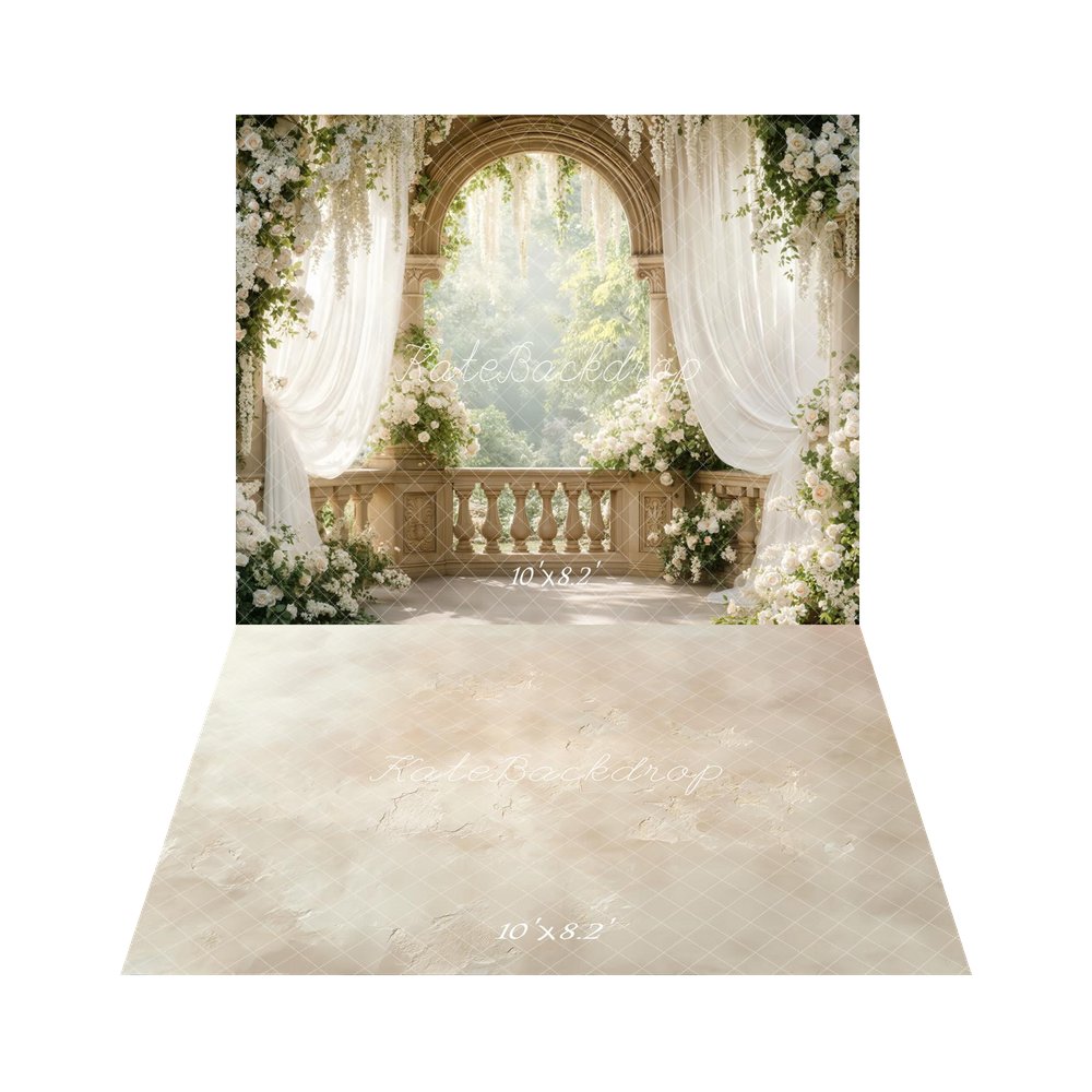 Kate Spring Flower Arch White Roses Draped Curtains Balcony Printed Backdrop+Beige Abstract Texture Printed Floor Backdrop