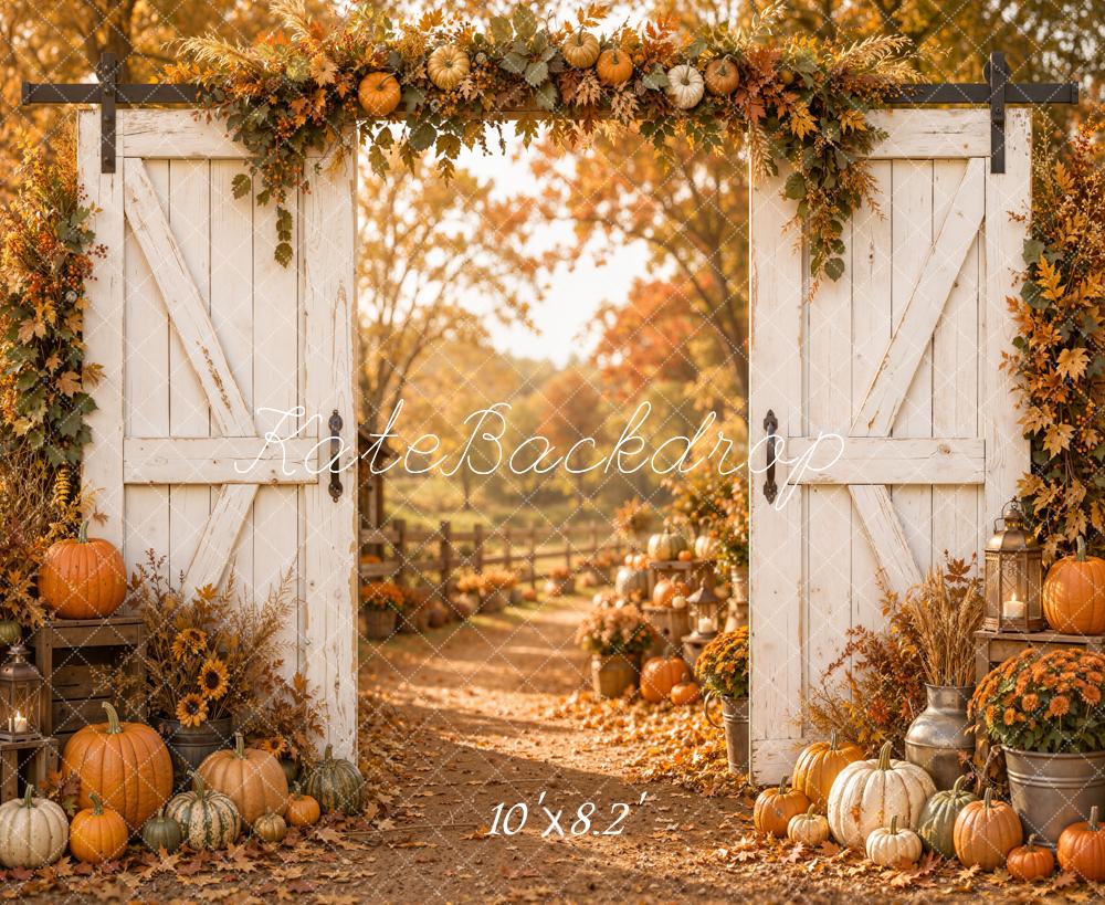 Kate Fall White Barn Door Pumpkin Floral Path Printed Backdrop Designed by Emetselch