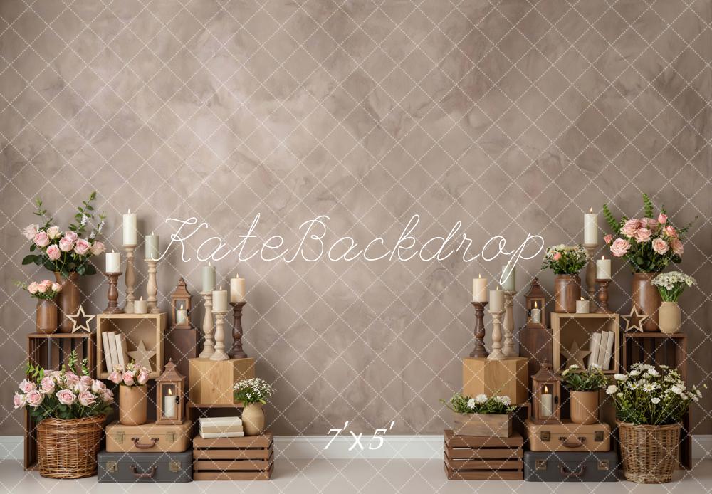 Kate Vintage Flowers Candles Wooden Crates Brown Printed Backdrop Designed by Mini MakeBelieve