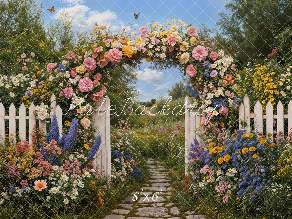 Kate Spring Flower Arch White Picket Fence Garden Pathway Printed Backdrop Designed by Emetselch