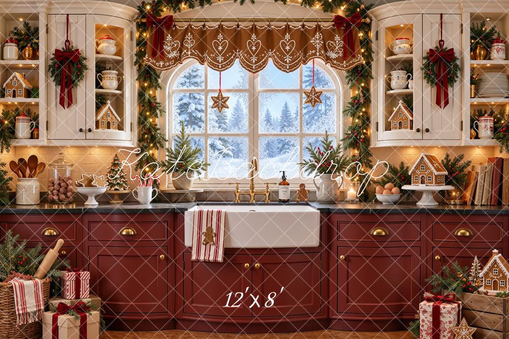 Kate Christmas Kitchen Gingerbread Window Red White Cabinet Printed Backdrop Designed by Shutter Swan Studios