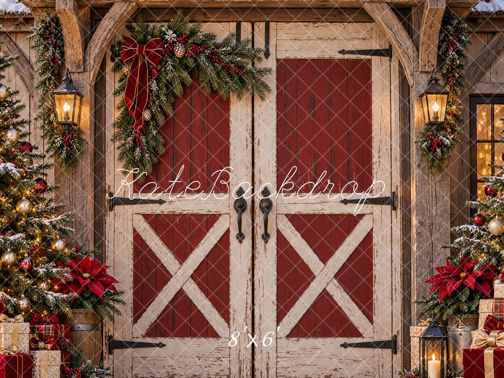 Kate Christmas Rustic Red Barn Door Christmas Trees Gifts Printed Backdrop Designed by Shutter Swan Studios