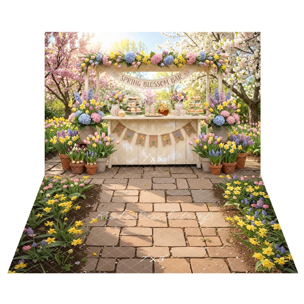 Kate Spring Blossom Bar Floral Stand Garden Backdrop+Spring Cobblestone Path Garden Flowers Floor Backdrop