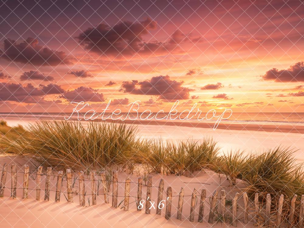 Kate Summer Beach Sunset Sand Dunes Grass Fence Printed Backdrop Designed by Emetselch
