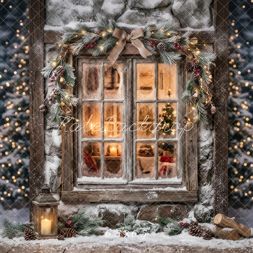 Kate Christmas Evening Snowy Window Garland Lantern Printed Backdrop Designed by Happy Squirrel Design