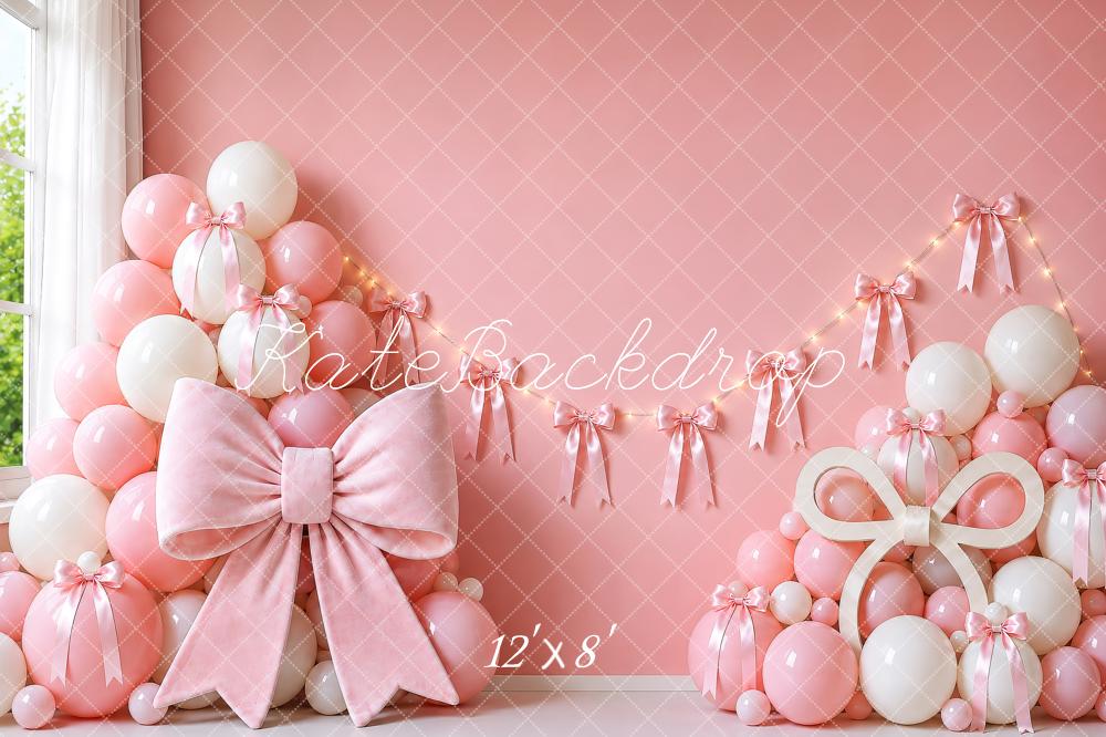 Kate Cake Smash Pink Bow Balloon Garland Printed Backdrop Designed by Shutter Swan Studios