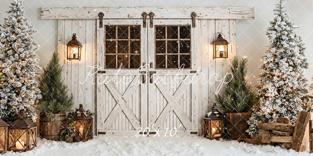 Kate Christmas Barn Door Lanterns Snowy Trees White Backdrop Designed by Emetselch
