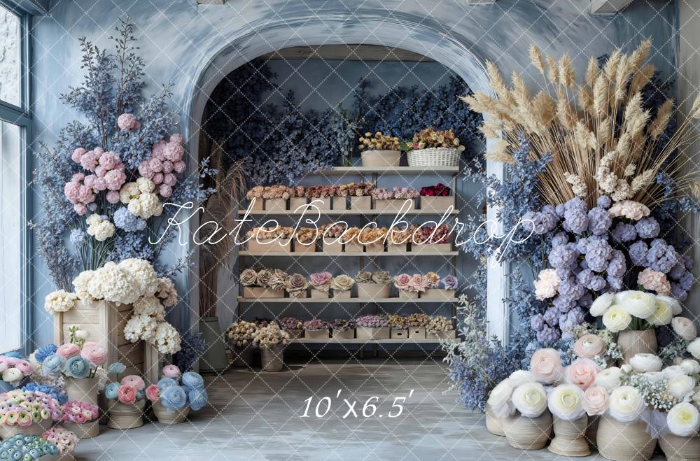 Kate Spring Boho Flower Arch Shelves Pastel Blue Backdrop Designed by Mini MakeBelieve