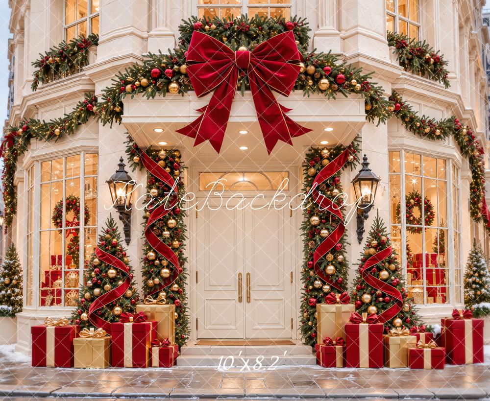 Kate Christmas Red Storefront Garland Bow Gift Boxes Printed Backdrop Designed by Emetselch