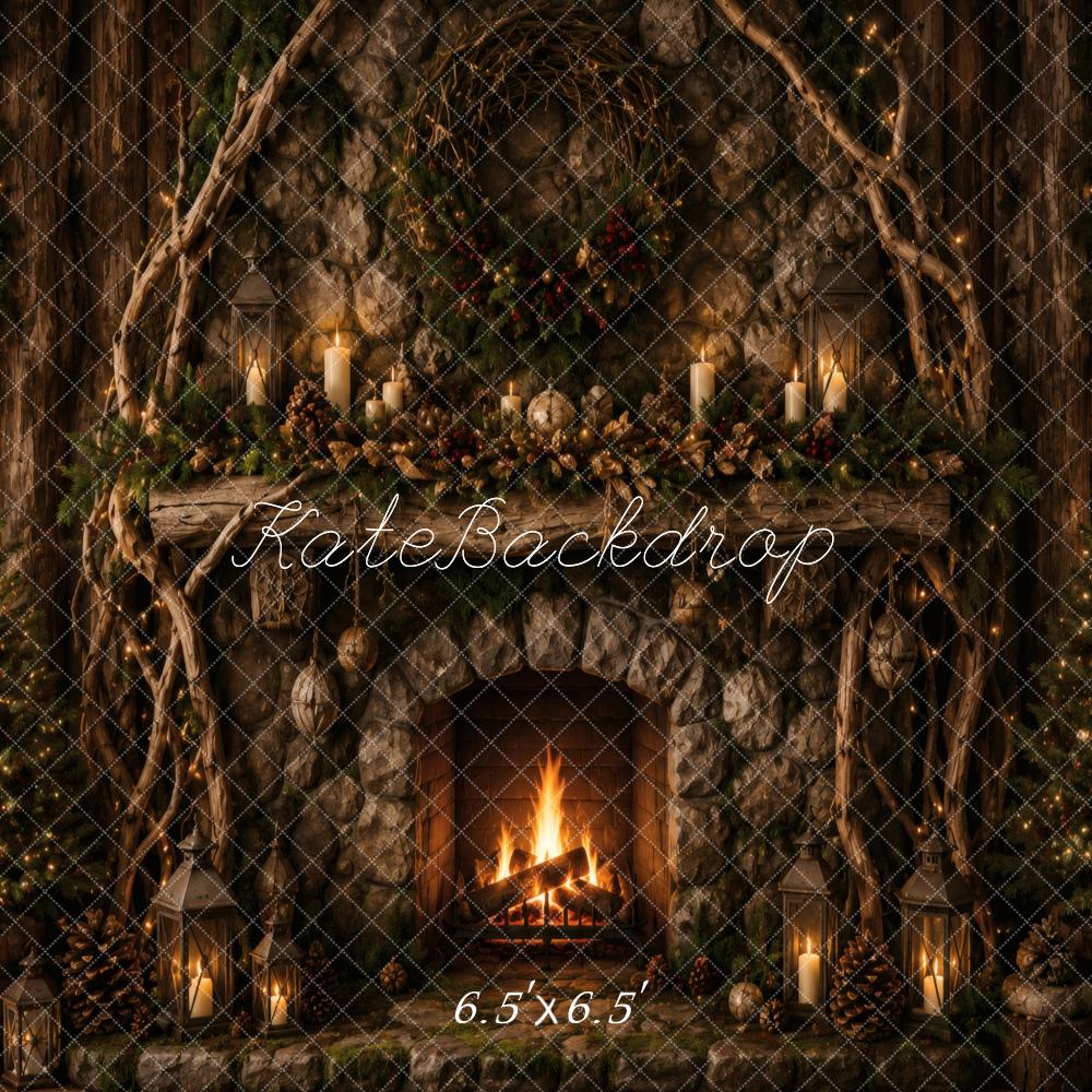 Kate Christmas Rustic Stone Fireplace Garland Lanterns Printed Backdrop Designed by Vertigo Productions