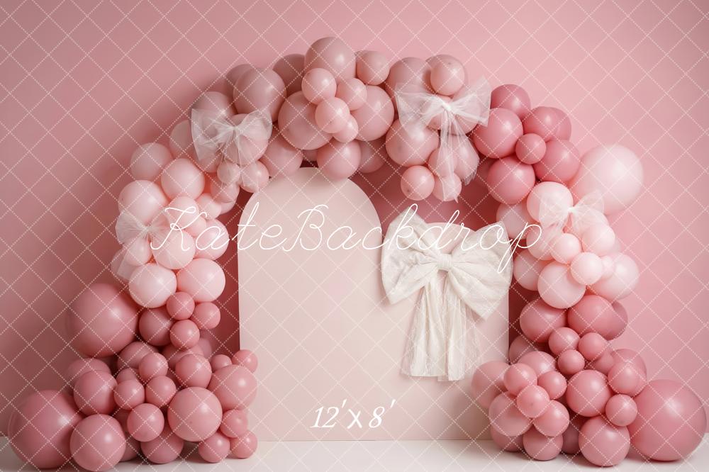 TEST Kate Cake Smash Pink Balloon Arch and White Bow Printed Backdrop Designed by Patty Roberts