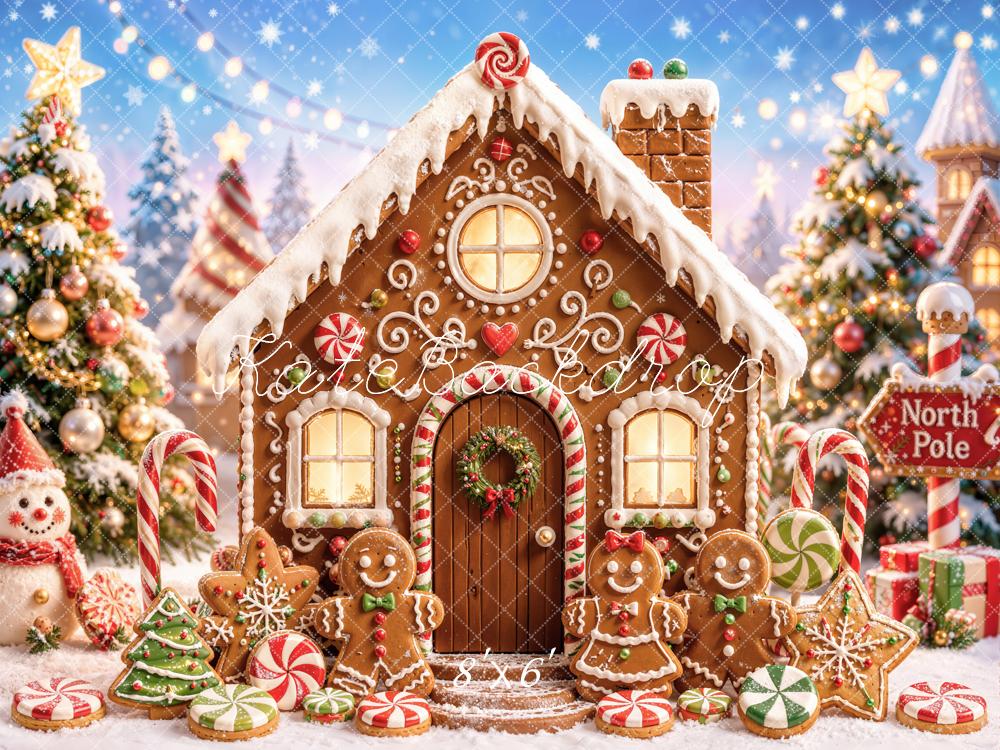 Kate Christmas Gingerbread House Candy Cane Snowman Printed Backdrop Designed by Chain Photography