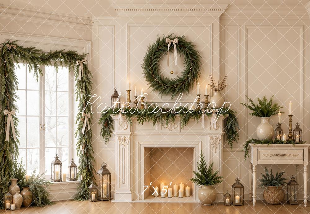 Kate Christmas Fireplace Corner Window Wreath Garland Candles Printed Backdrop Designed by Emetselch