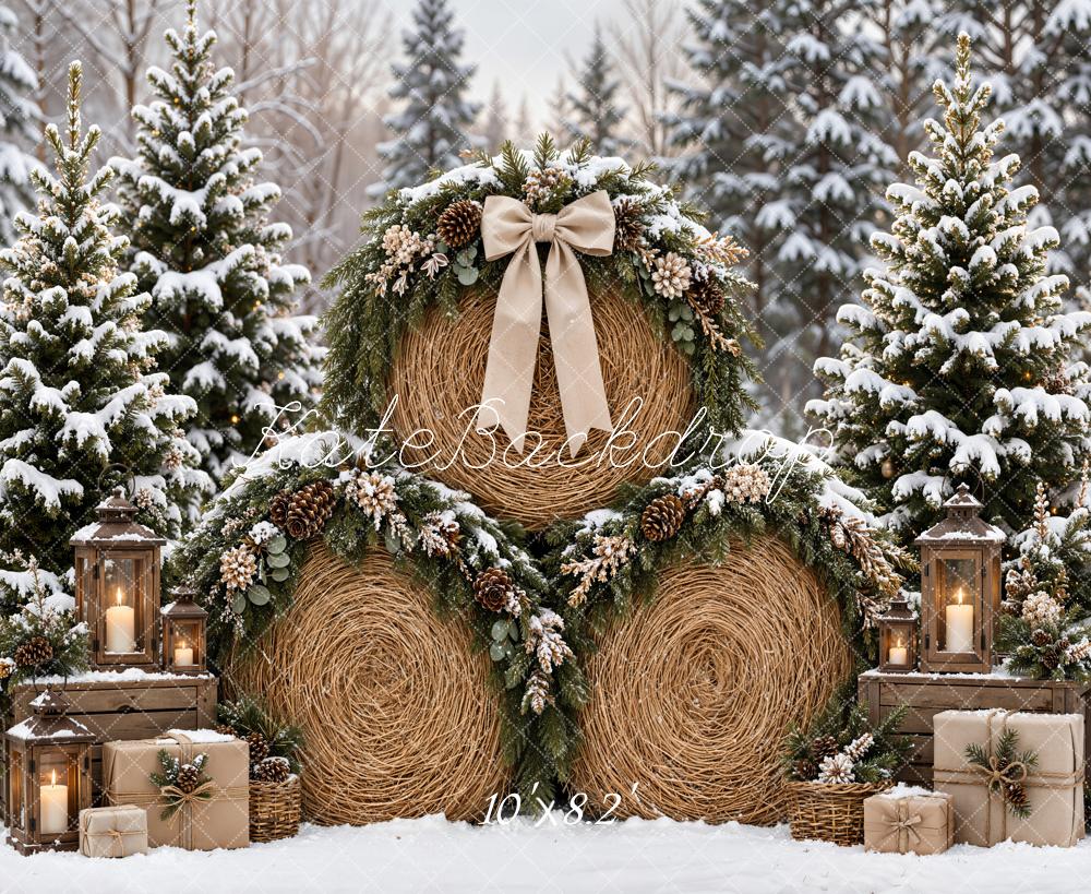 Kate Christmas Hay Bale Snowy Pine Trees Wreath Gift Lanterns Printed Backdrop Designed by Emetselch