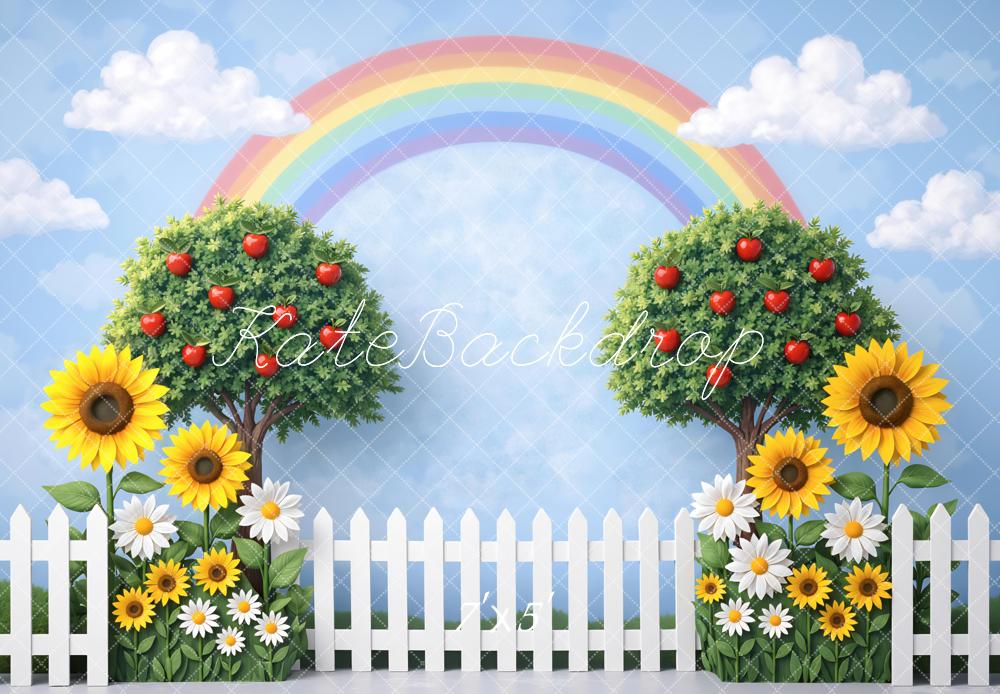 Kate Rainbow Apple Trees Sunflowers White Fence Printed Backdrop Designed by Mini MakeBelieve