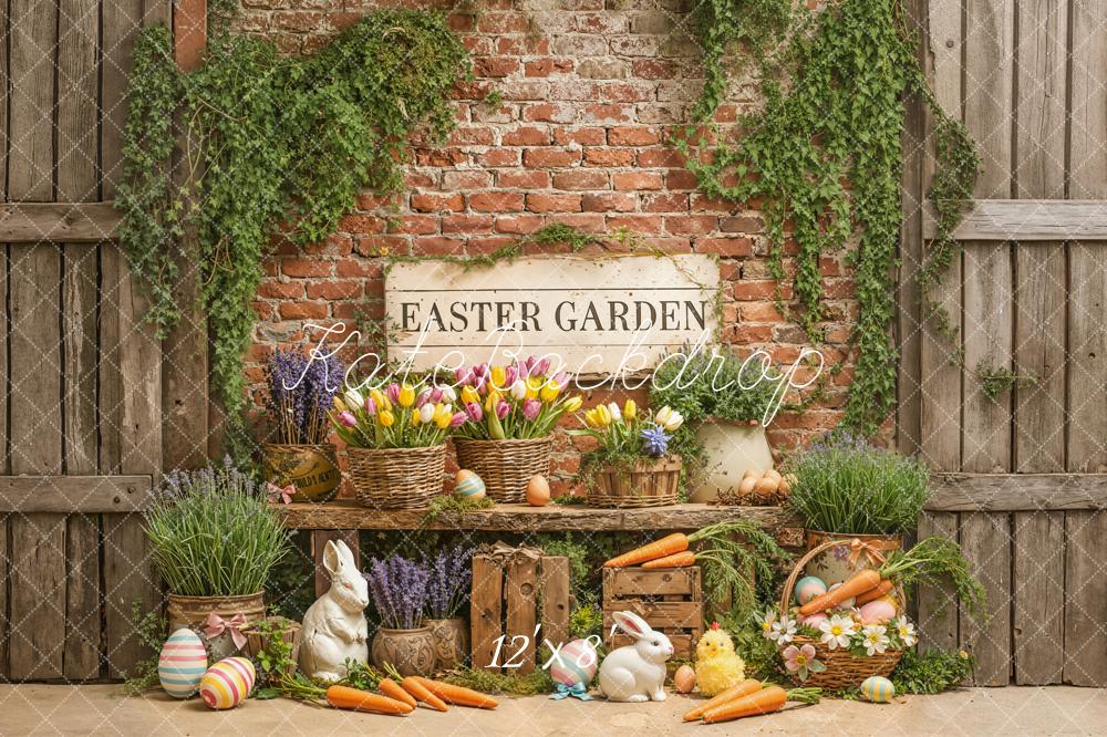 Kate Easter Bunny Flowers Greenery Vintage Brick Wall Backdrop Designed by Emetselch
