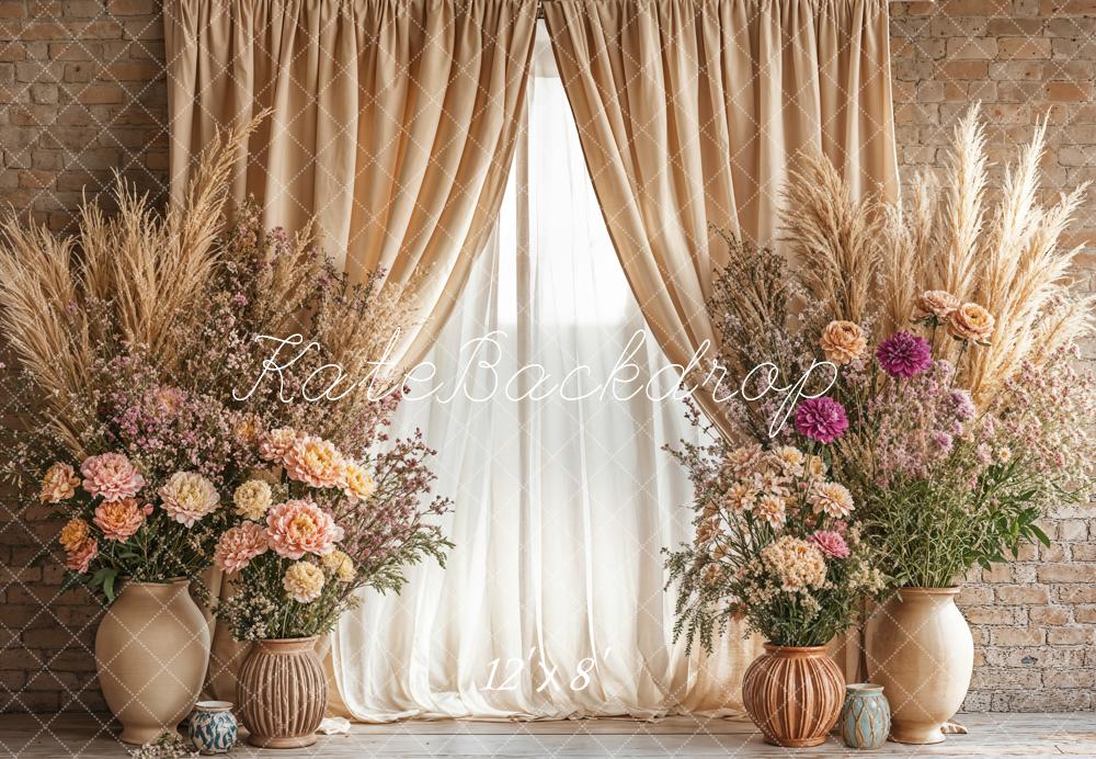 Kate Boho Pampes Floral Vase Beige Curtain Backdrop Designed by Emetselch