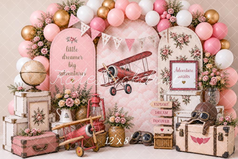 Kate Cake Smash Pink Airplane Balloons Floral Suitcases Adventure Printed Backdrop Designed by Shutter Swan Studios