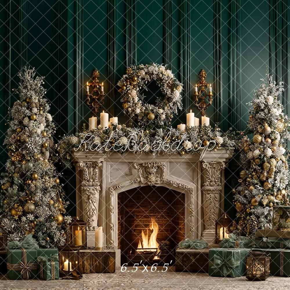Kate Christmas Fireplace Vintage Wreath Trees Gifts Green Backdrop Designed by Emetselch
