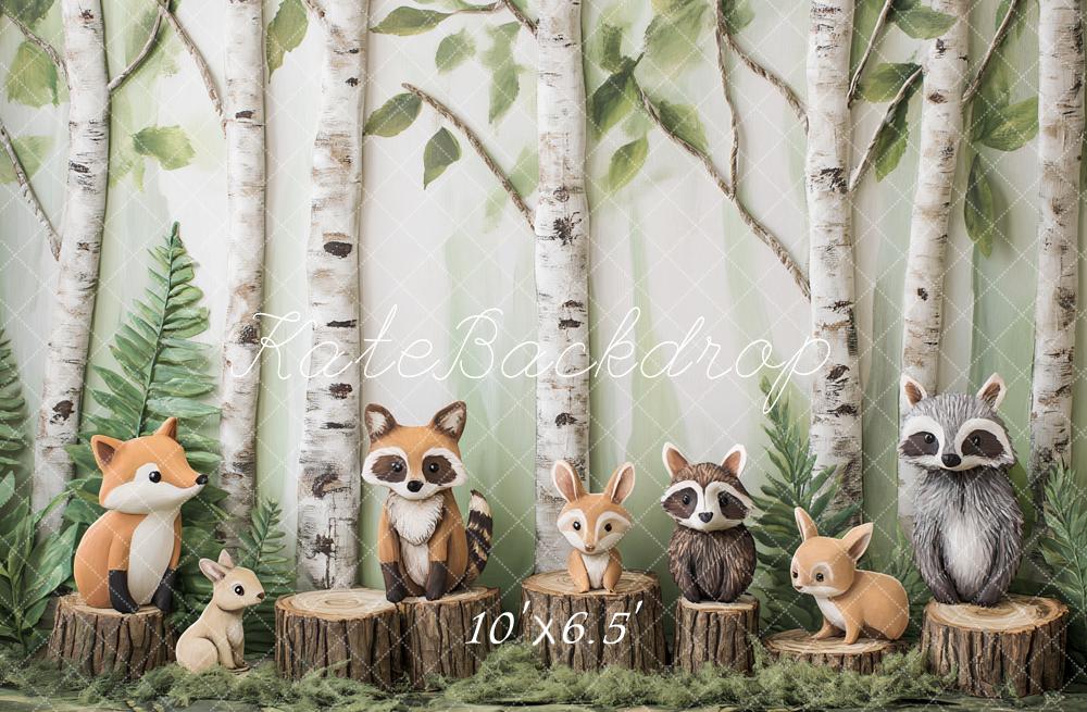 Kate Cake Smash Forest Animals Birch Trees Backdrop Designed by Ashley Paul