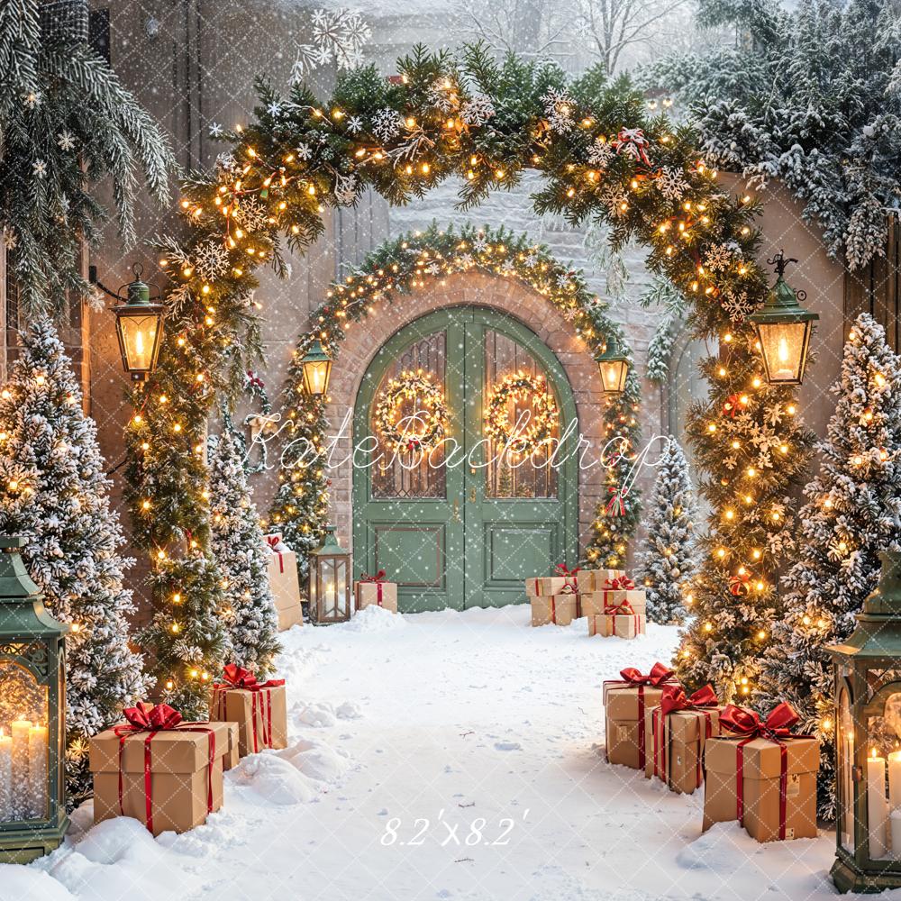 Kate Christmas Garland Archway Snowy Trees Green Doors Backdrop Designed by Emetselch