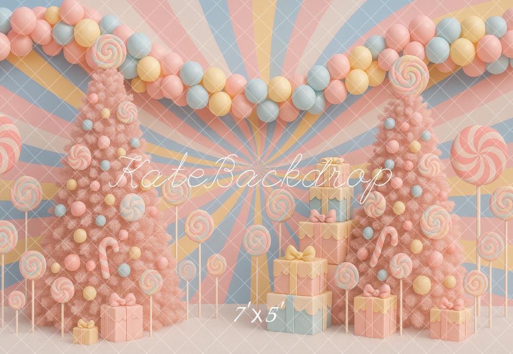 Kate Christmas Birthday Pastel Candy Trees Lollipops Gifts Balloons Backdrop Designed by Ashley Paul