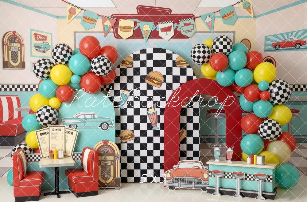 Kate Cake Smash Retro Diner Checkered Wall Balloons Booth Bar Counter Printed Backdrop Designed by Mini MakeBelieve