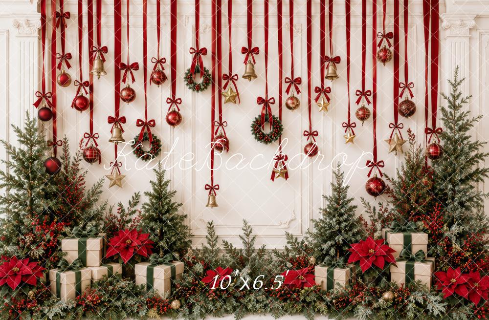 Kate Christmas Red Ribbon Bells Ornaments Greenery Gifts Printed Backdrop Designed by Patty Roberts