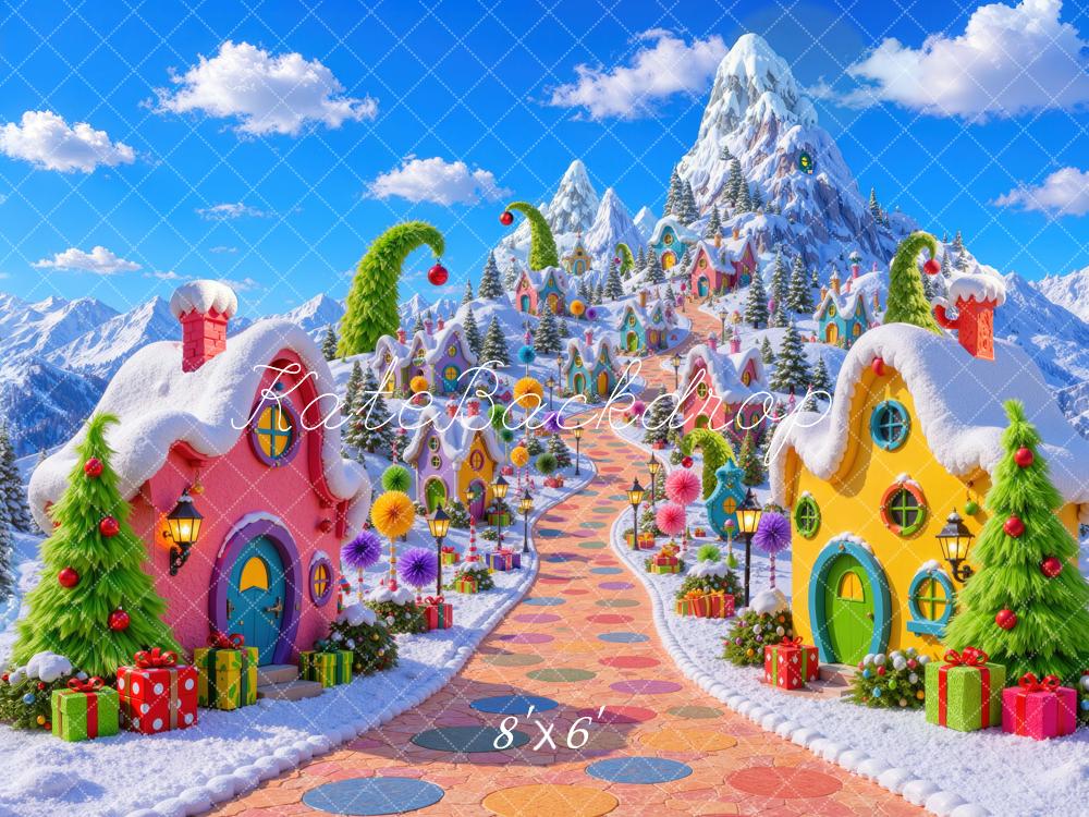 Kate Christmas Whimsical Whoville Candy Village Snowy Mountains Printed Backdrop Designed by Mini MakeBelieve