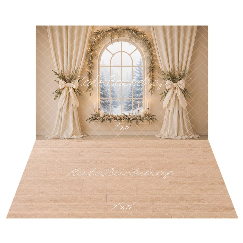 Kate Christmas Floral Window Arch Drapes Printed Backdrop+Light Wood Floor Printed Backdrop